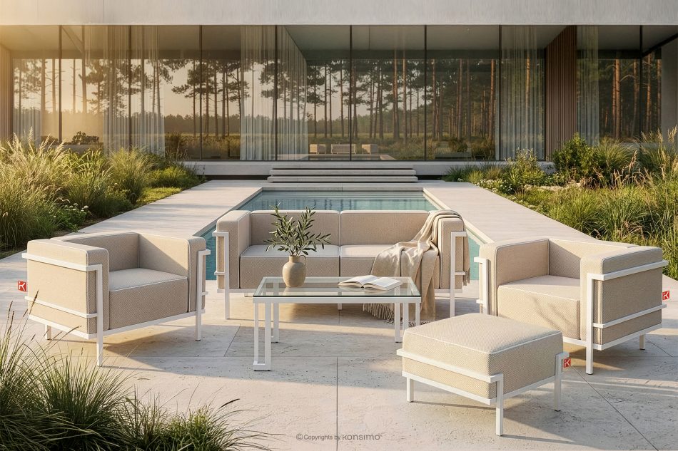 TRIGLO Záhradný taburet na kovových nohách, biely/tmavo béžový/biely biela/tmavo béžová/biela - obrázok 6