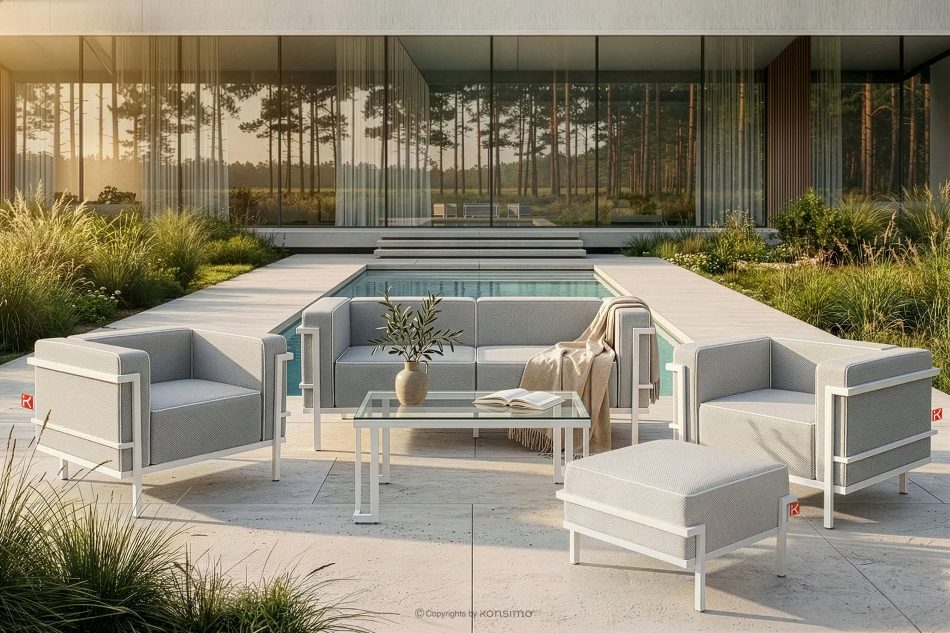 TRIGLO Záhradný taburet na kovových nohách, biely/tmavo sivý/biely biela/tmavo sivá/biela - obrázok 6