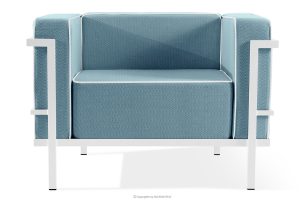 TRIGLO, https://konsimo.sk/kolekcie/triglo/ Moderné záhradné kreslo na kovových nohách, biele/morská modrá/biele biela/morská modrá/biela - obrázok