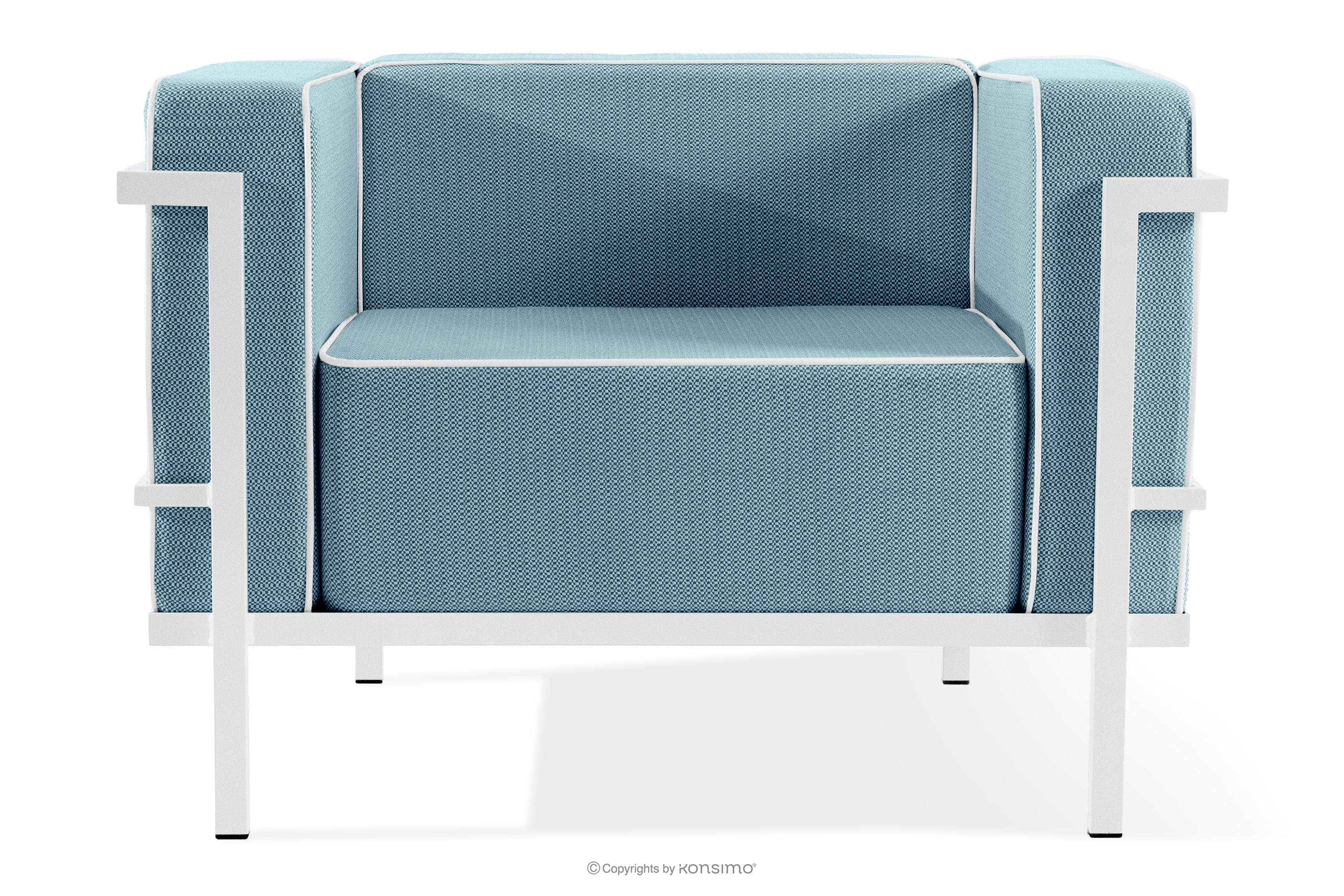 Moderné záhradné kreslo na kovových nohách, biele/morská modrá/biele