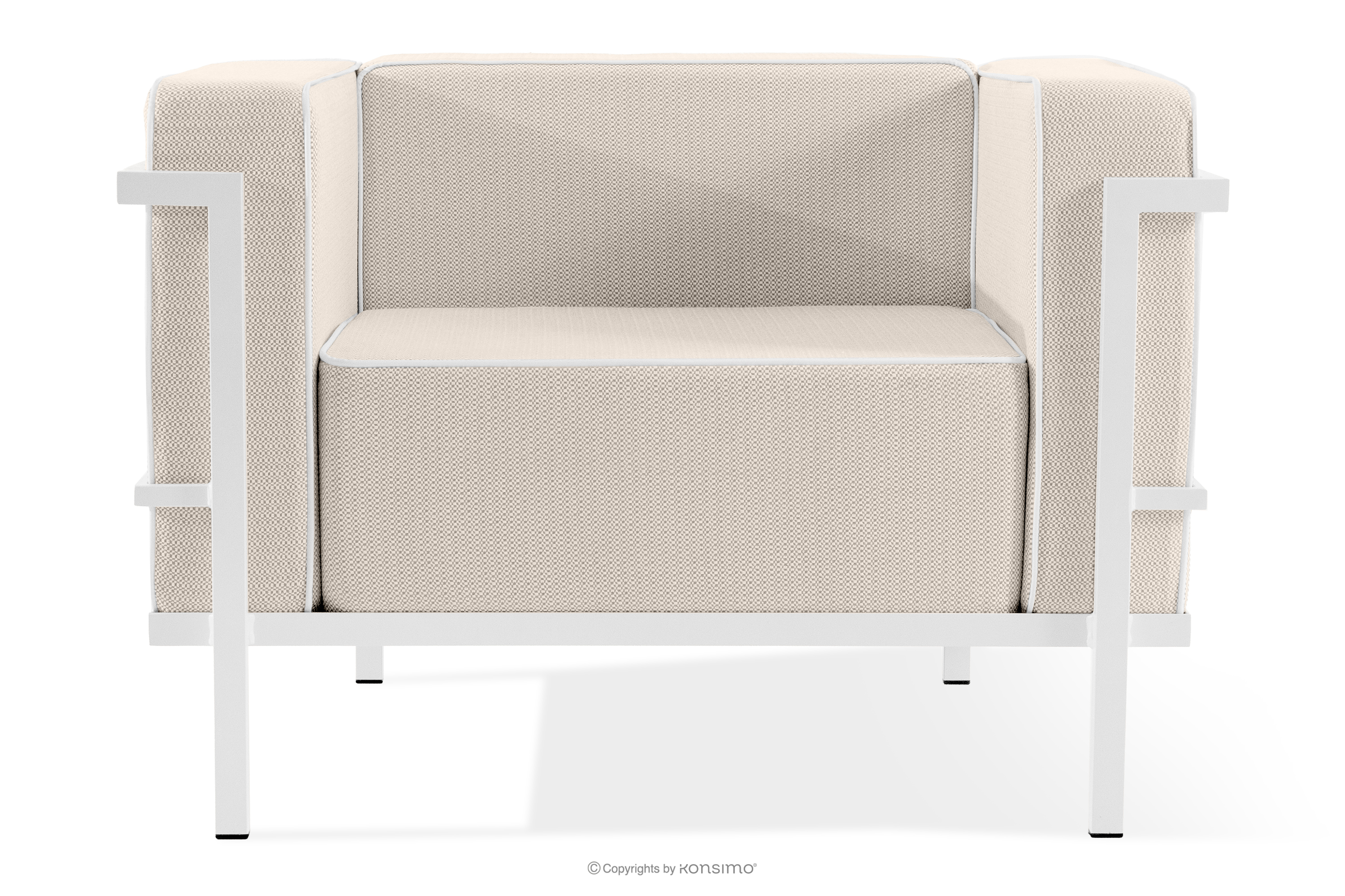 Moderné záhradné kreslo na kovových nohách, biele/tmavo béžové/biele