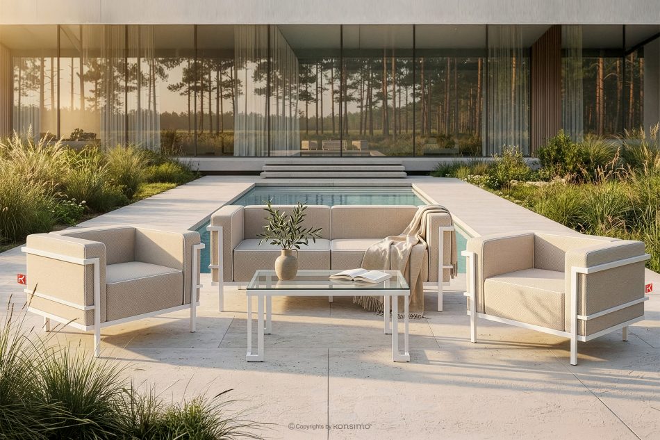 TRIGLO Moderné záhradné kreslo na kovových nohách, biele/tmavo béžové/biele biela/tmavá béžová/biela - obrázok 10