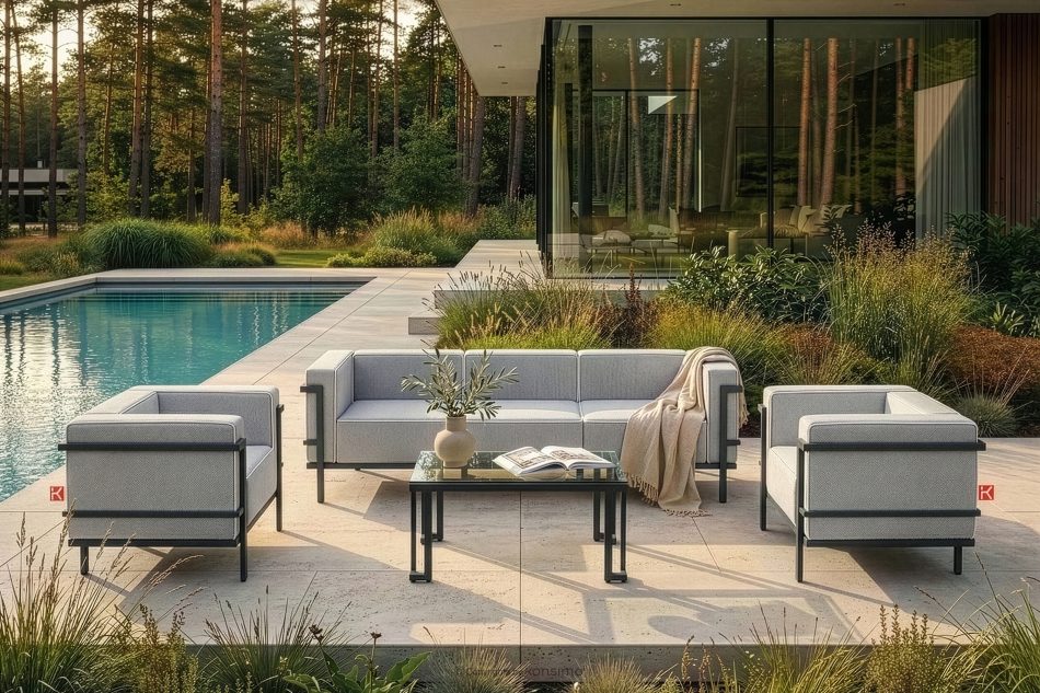 TRIGLO Moderná záhradná pohovka 3 na kovových nohách, tmavo sivá/tmavo sivá/biela tmavo sivá/tmavo sivá/biela - obrázok 10