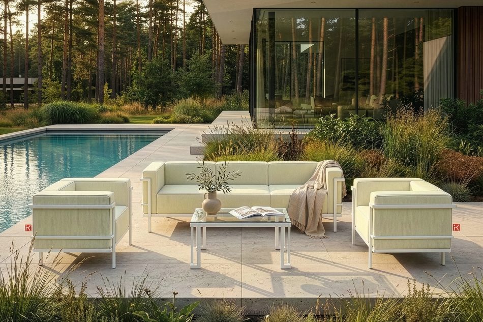 TRIGLO Moderná záhradná pohovka 3 na kovových nohách, biela/svetlo zelená/biela biela/svetlo zelená/biela - obrázok 10