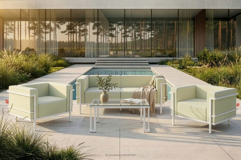 TRIGLO Záhradný nábytok: 2 kreslá, dvojmiestna pohovka, konferenčný stolík v bielej/svetlo zelenej/bielej farbe biela/svetlo zelená/biela - obrázok 19