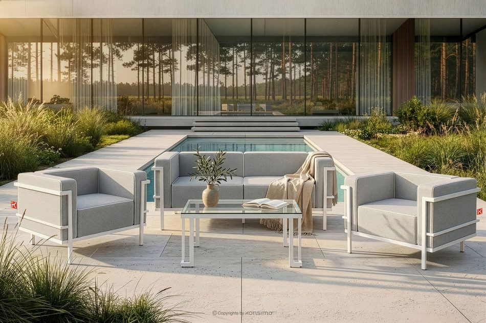 TRIGLO Záhradný nábytok: 2 kreslá, dvojmiestna pohovka, konferenčný stolík v bielej/tmavo šedej/bielej farbe biela/tmavo sivá/biela - obrázok 19