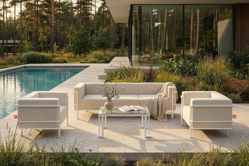 TRIGLO Súprava záhradného nábytku: 2 kreslá, trojmiestna pohovka, stôl v bielej/tmavo béžovej/bielej farbe biela/tmavá béžová/biela - obrázok 19