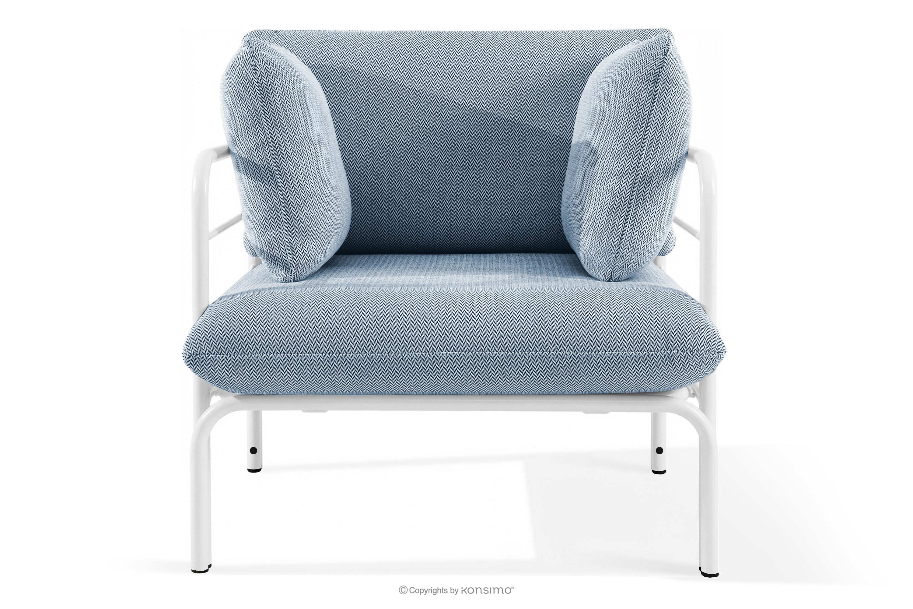 Záhradné kreslo Loft s kovovými nohami, biele/morská modrá/biele