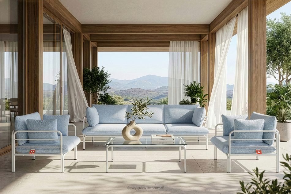 RAMBE Záhradné kreslo Loft s kovovými nohami, biele/svetlo modré/biele biela/nebesky modrá/biela - obrázok 10