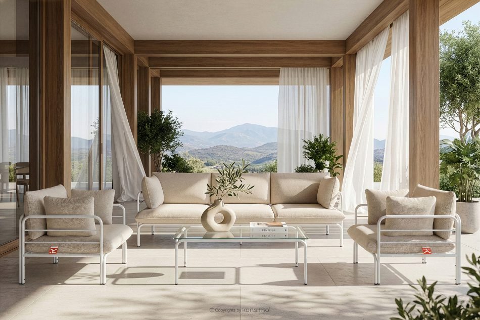 RAMBE Záhradná pohovka Loft 3 na kovových nohách, biela/béžová/biela biela/béžová/biela - obrázok 10