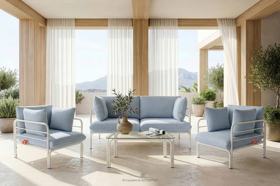 RAMBE Záhradný nábytok: 2 kreslá, dvojmiestna pohovka, biely/svetlo modrý/biely stôl biela/nebesky modrá/biela - obrázok 18