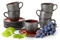 Ručne glazovaná keramická šálka na kávu s podšálkom 6 ks červená