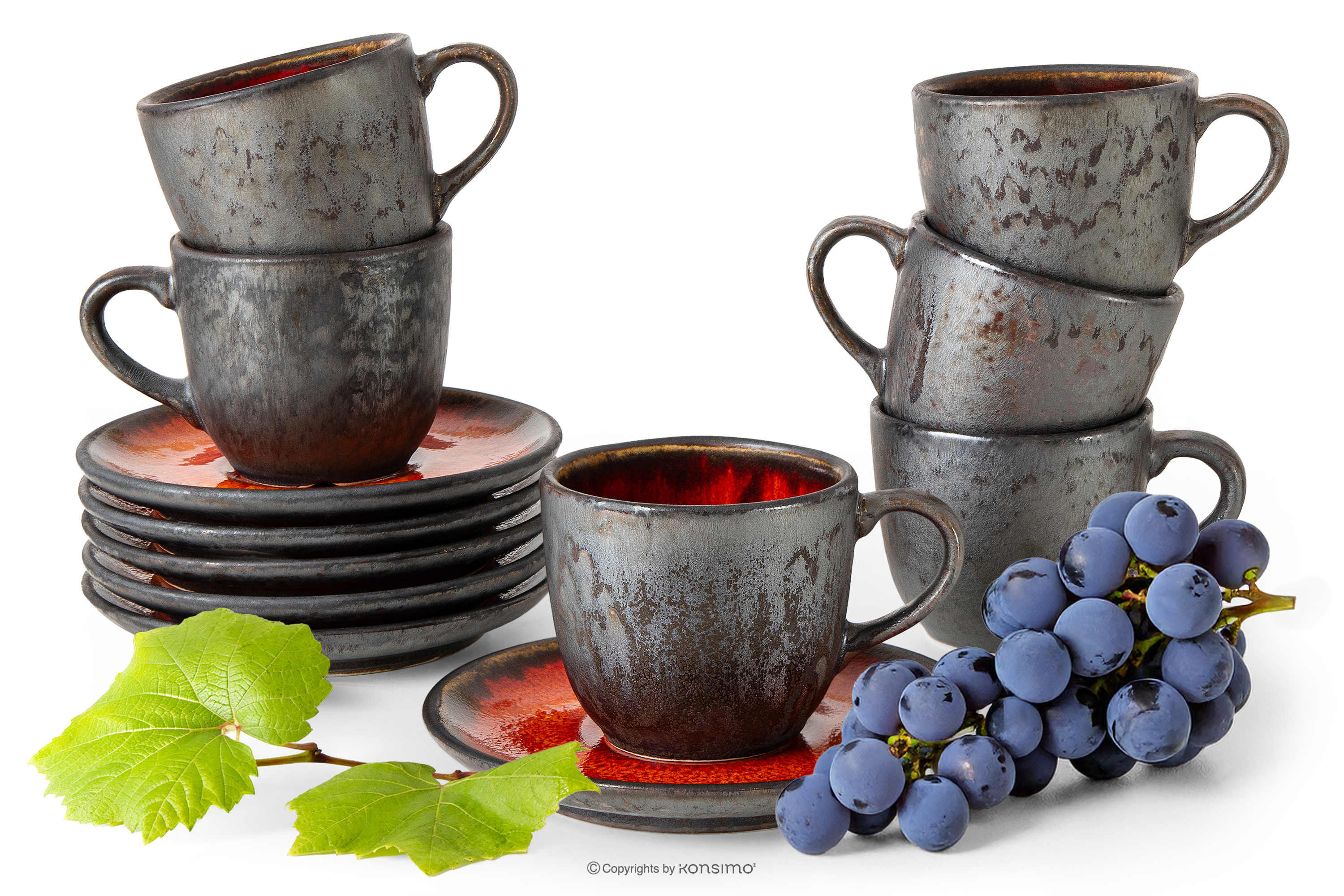 Ručne glazovaná keramická šálka na kávu s podšálkom 6 ks červená