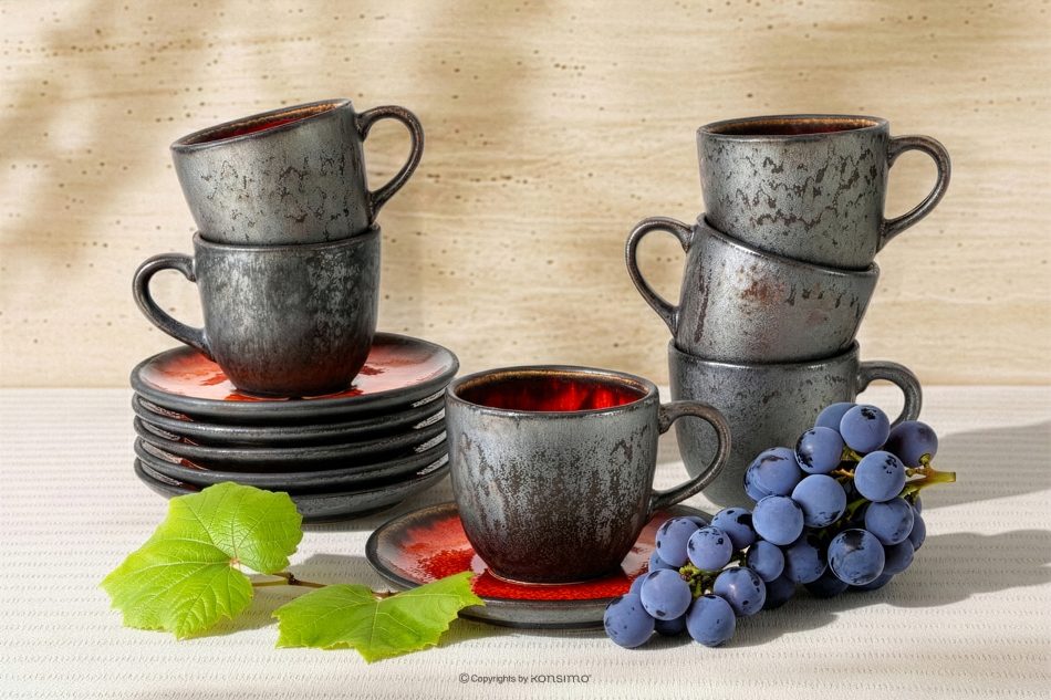 PRIMA Ručne glazovaná keramická šálka na kávu s podšálkom 6 ks červená červená - obrázok 1