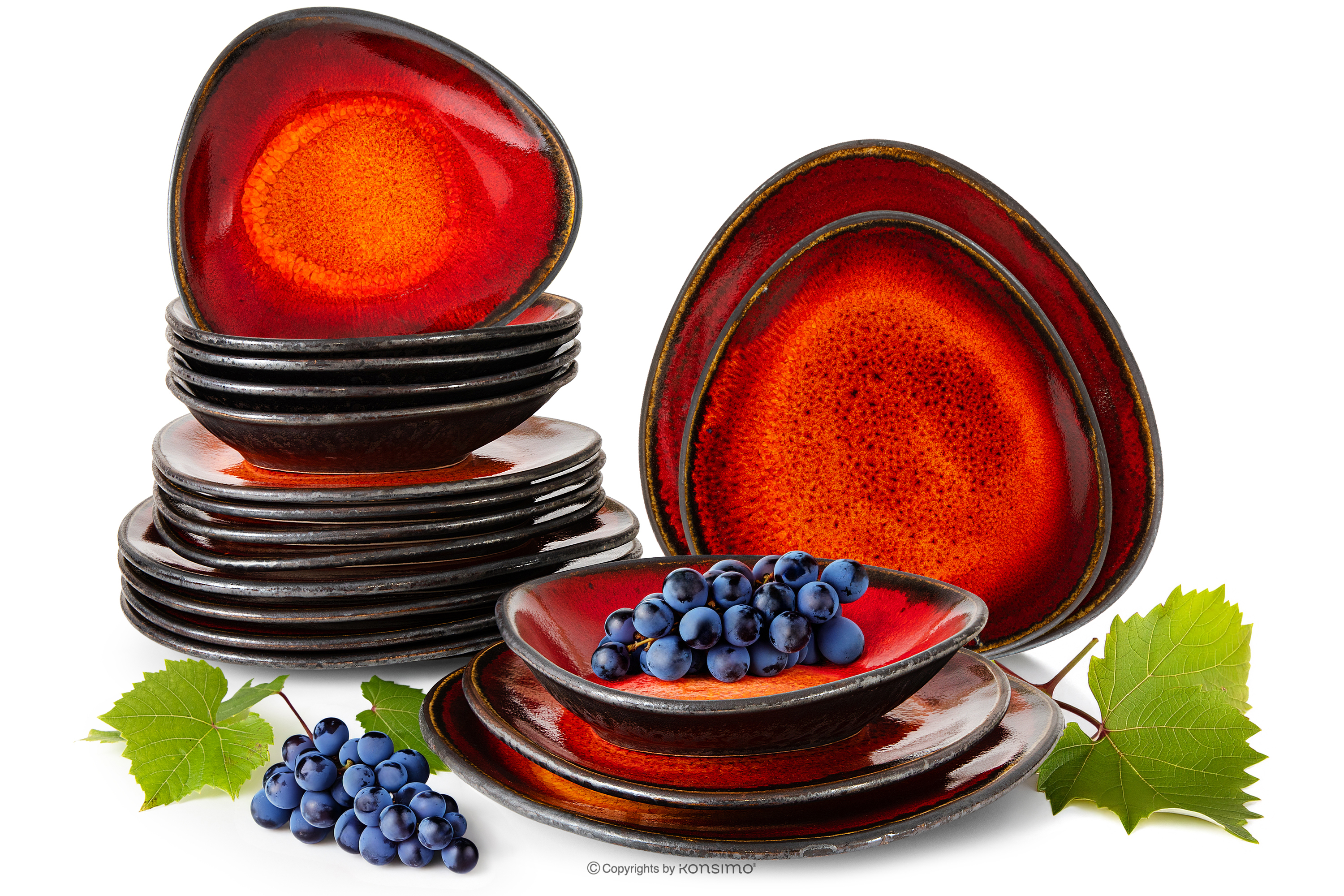 Ručne glazovaná jedálenská súprava pre 6 osôb (18 ks) červená