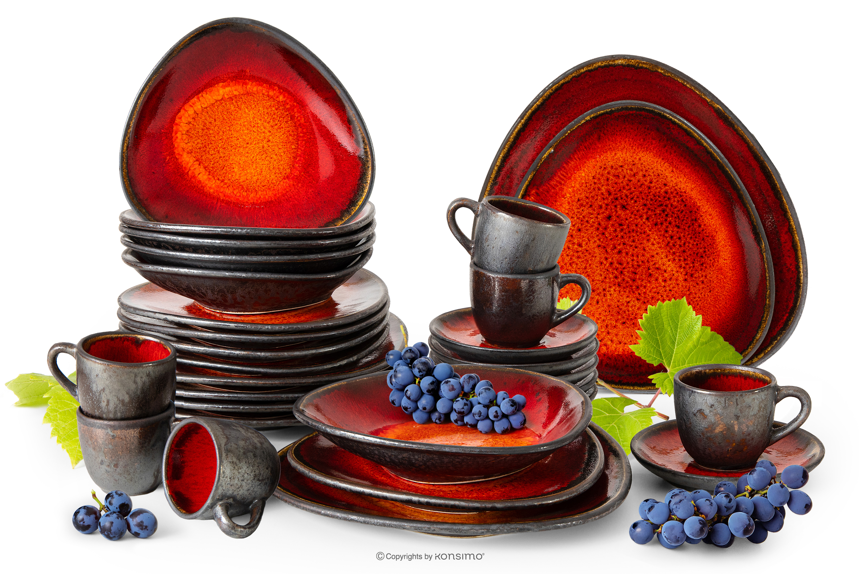 Ručne glazovaná večera a kávová súprava pre 6 osôb (30 ks) červená