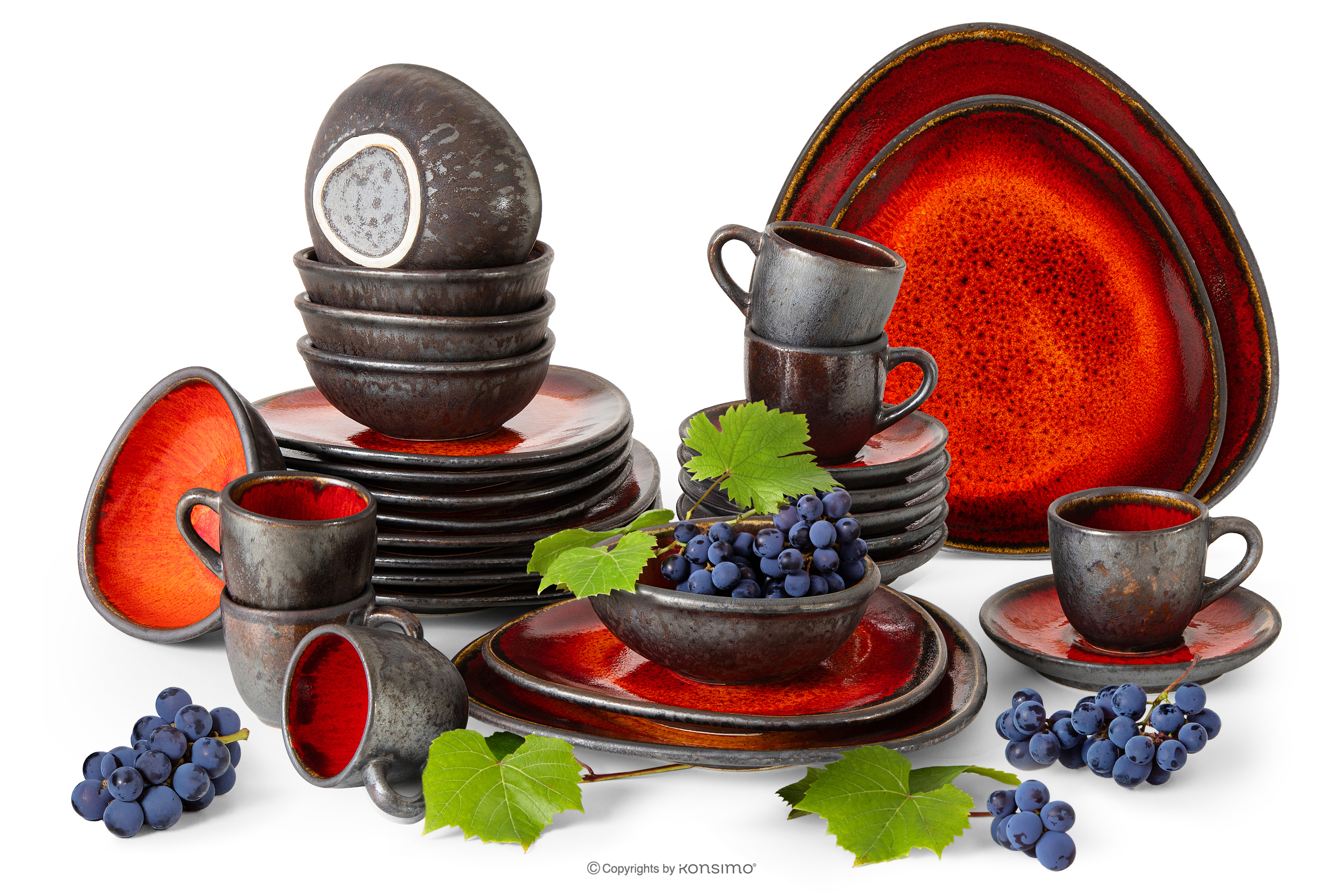 Ručne glazovaná keramická večera a kávová súprava pre 6 osôb (30 ks) červená